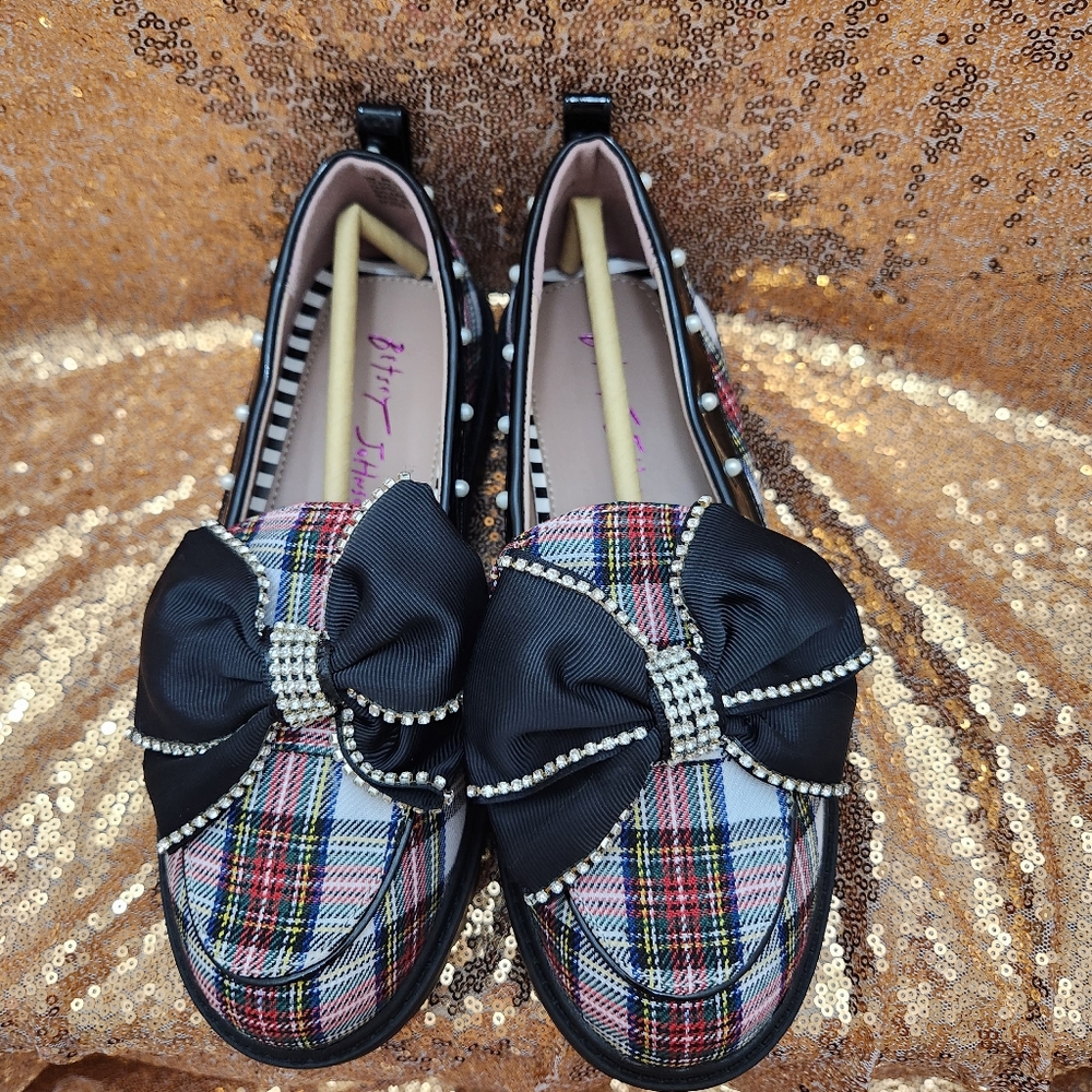 Betsey Johnson Kids Plaid Faux Pearl Rhinestone Embellished Lug Sole Soles